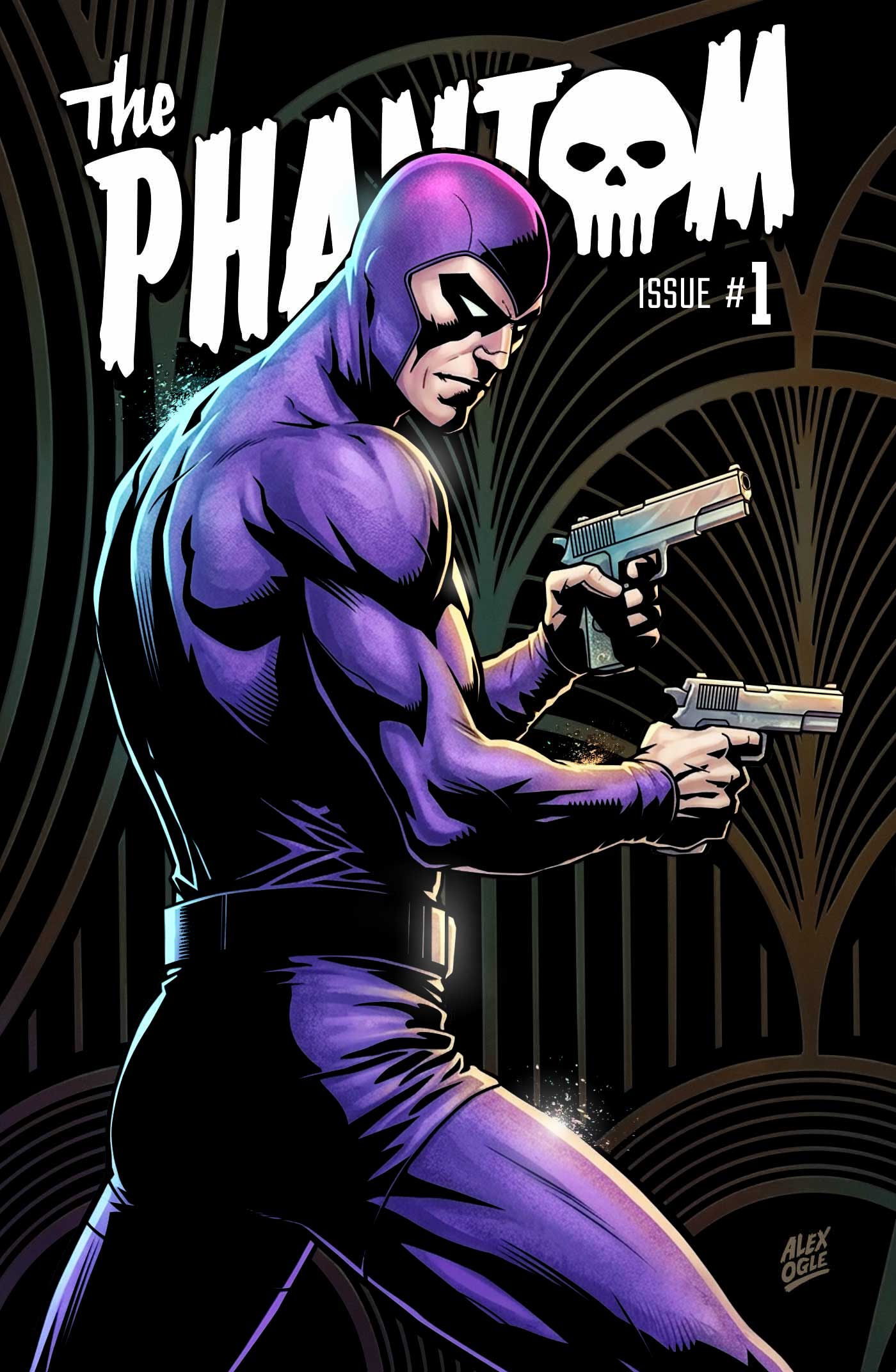 The Phantom comic book cover sample displaying bold linework and deep shadows by Alex Ogle